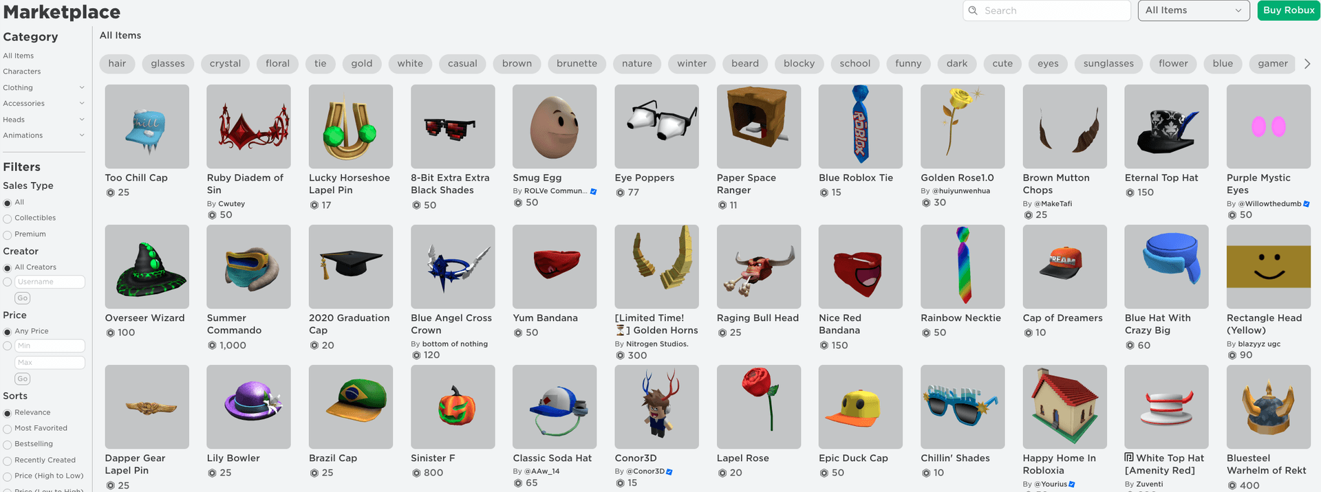 Roblox marketplace showing various limited items for trading