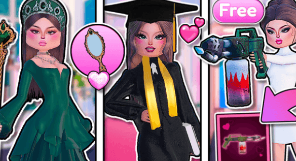 Collection of DTI April Fools code items including graduation outfit, mirror, and flamethrower