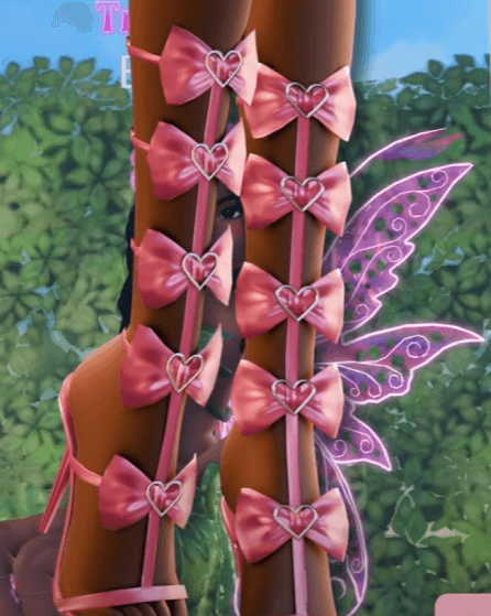 Pink heart bow leg wraps with purple fairy wings - April Fools code reward