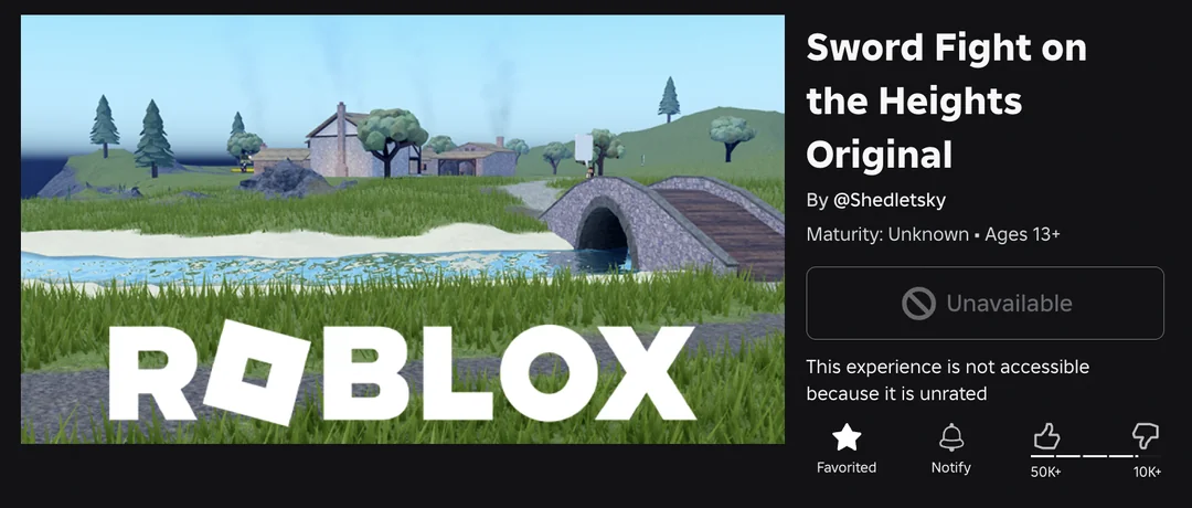Classic Roblox experience page showing unavailable due to unrated status